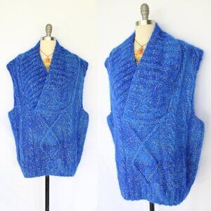Hand crafted knit wool mohair teddy bear blue sweater vest fisherman Mr. Mittens